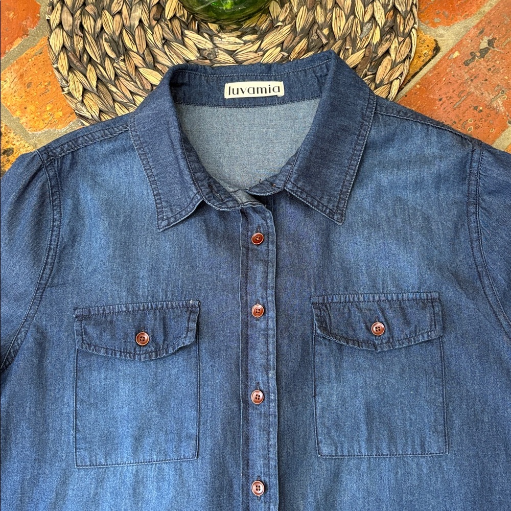 Luvamia Chambray Long Sleeve Button Down Denim Shirt size L - Picture 9 of 16